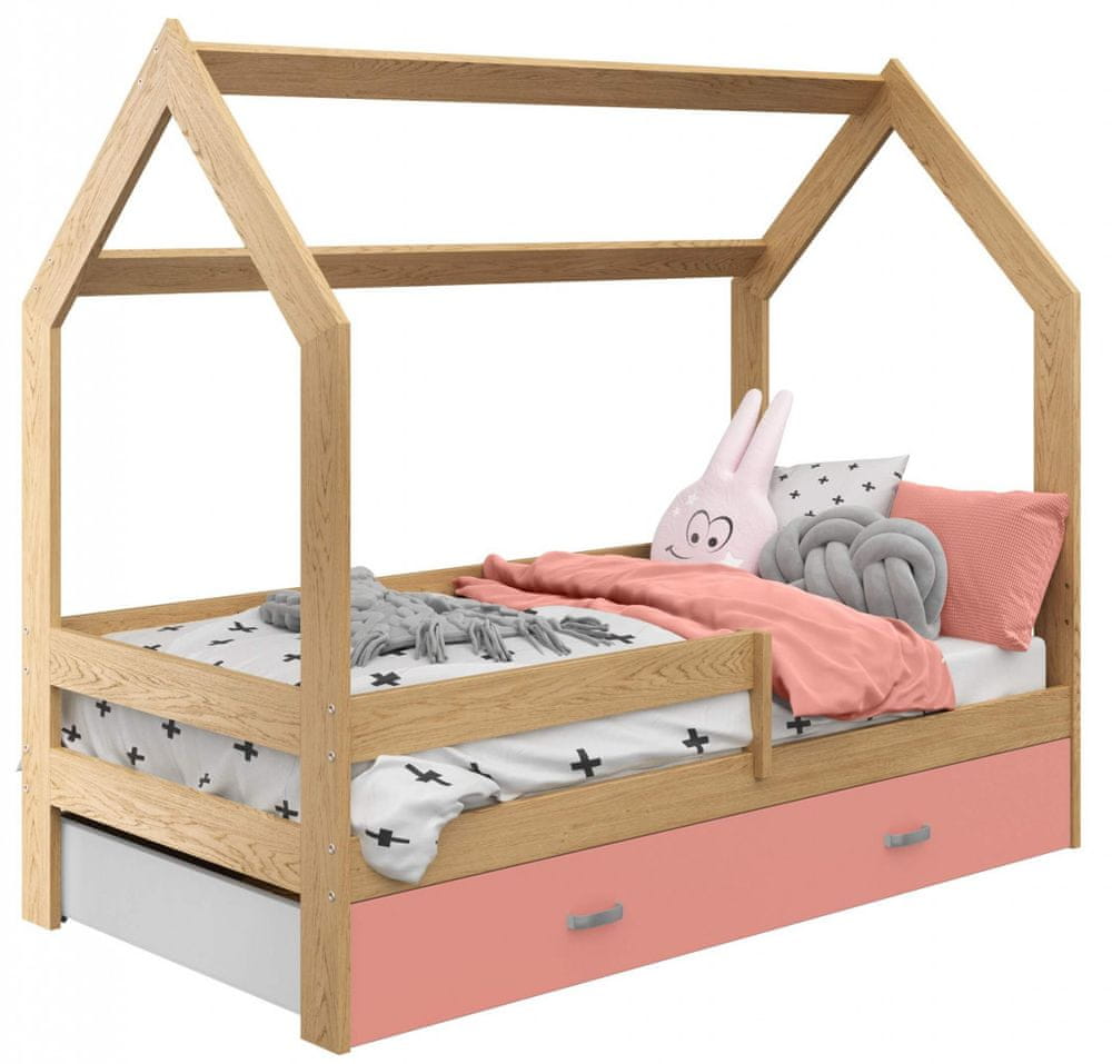 eoshop Detská posteľ Domček 80x160 cm D3, rošt ZADARMO - borovica, zábrana: borovica, úlož. jednoducho: ružová, matracu: s matracom
